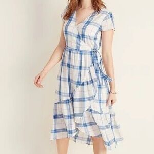 Old Navy Short Sleeve Waist Defined Faux Wrap Blue & White Plaid Midi Dress XL